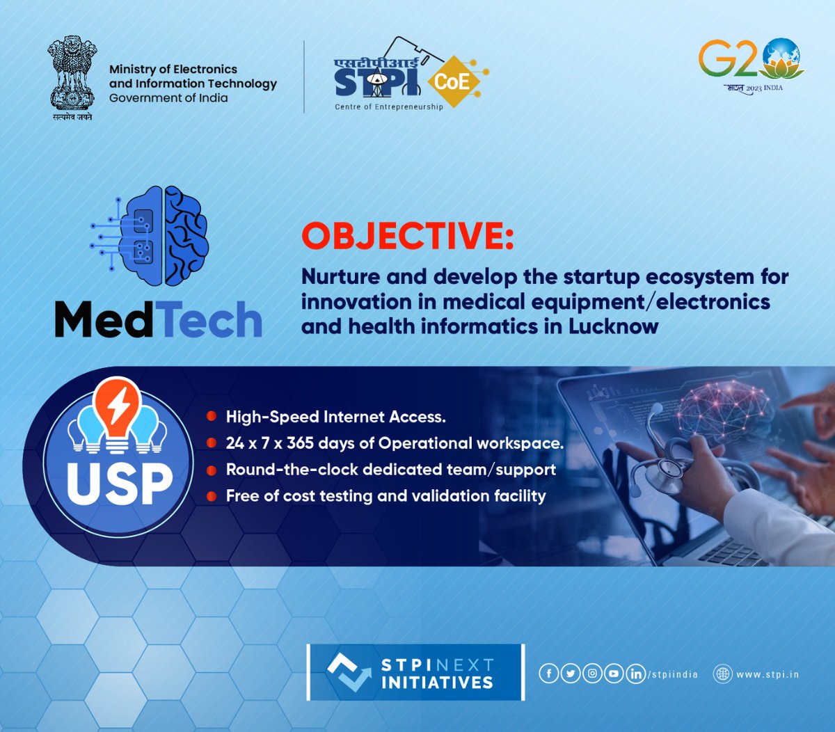 stpiindia's tweet photo. Leveraging the strong presence of emerging technologies in #healthcare sector #Lucknow, STPI @MedTechCoE has been set up to provide a suitable environment for #MedTech #startups &amp; reducing import dependency. 
Discover more: https://t.co/ogmah7ikmz

@GoI_MeitY @CMOfficeUP @dite_up https://t.co/aoBTiDfA4M