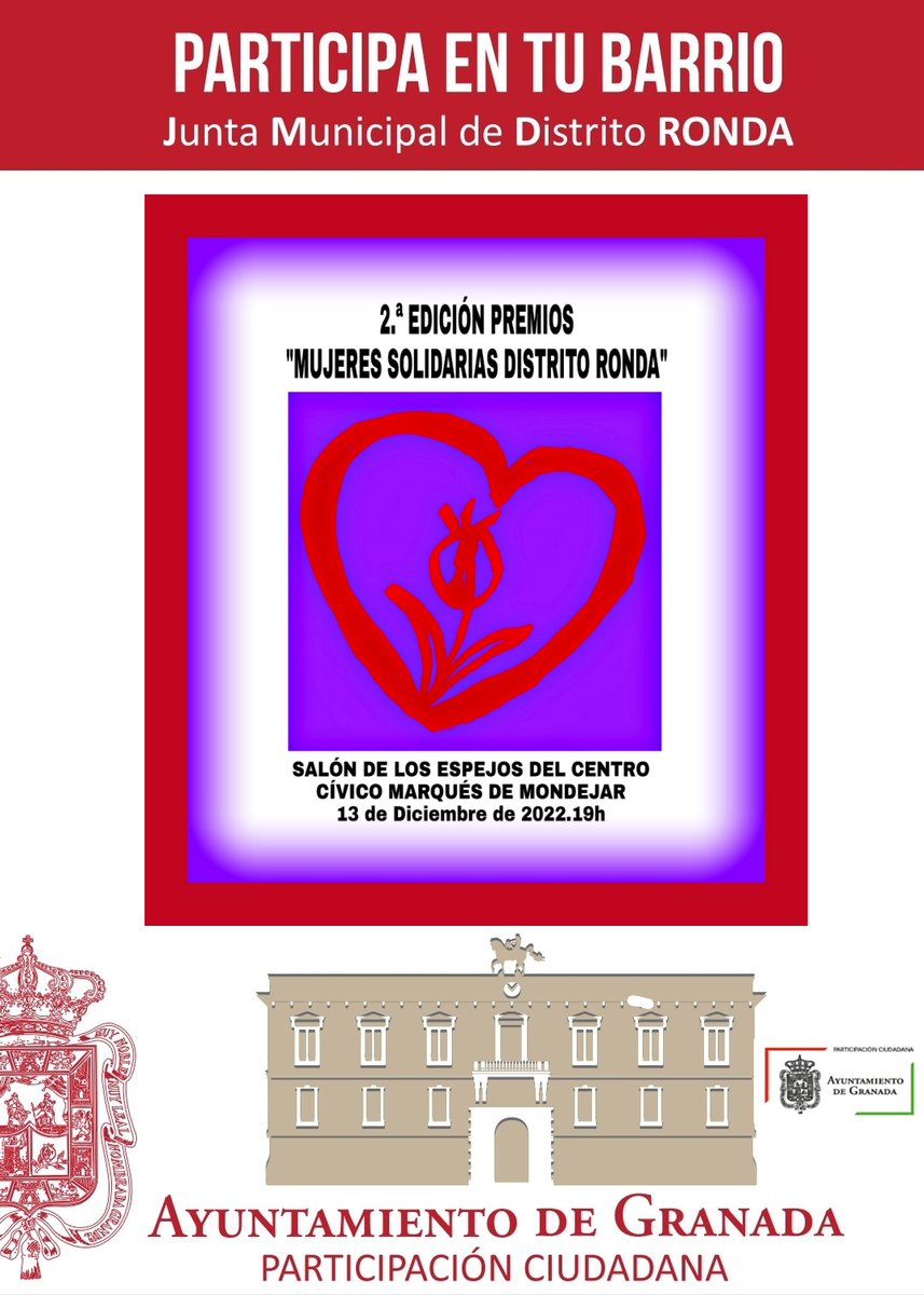 MARIAGRANADA's tweet photo. Mañana, martes 13 de Diciembre, os esperamos a las 19h en el Centro Cívico Marqués de Mondéjar para la entrega de premios "Mujeres Solidarias Distrito Ronda" 2022
@LaVolaeraGR
@aytogr
@TG7tv
@EFEnoticias_ES
@EP_Granada
@IndeGranada
#MujeresSolidarias
#mujeres
#distritoronda https://t.co/9PD9uEXdfY