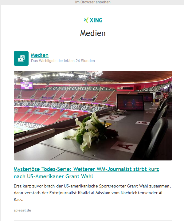skoehnlein's tweet photo. Traurige Geschichte, aber: Zwei Todesfälle sind noch keine Serie - und wenn die Todesursache noch nicht geklärt ist, dann ist das noch lange nicht mysteriös ... Überschrift stammt übrigens nicht vom #Spiegel, @XING_de #FIFAWorldCup2022 https://t.co/t65VfYuoUK