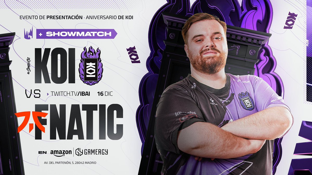 🟣 ¡Este viernes @KOI celebra su aniversario con nosotros!

¡<a href="/IbaiLlanos/">Ibai</a> tiene muchos anuncios y sorpresas para vosotros! Vamos a tener a su nuevo equipo de LEC y SL contra el nuevo equipo de LEC y SL de <a href="/FNATIC/">FNATIC</a>. 

🎟️ tickets.ifema.es/ifema/es_ES/en…

Nos vemos en #AmazonGamergy2022