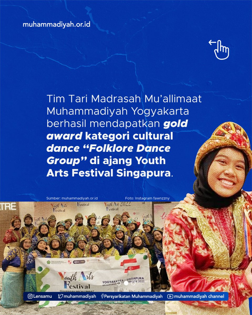 muhammadiyah's tweet photo. Selamat untuk Tim Tari @muallimaat1920 atas medali emas yang di raih dalam ajang Youth Arts Festival Singapura. Santriwati Mu’allimat menampilkan tarian tradisional Ratoeh Jaroe.
#Muhammadiyah #SeniTari #Pendidikan #Muallimaat #Islam https://t.co/1h19g8xcTX