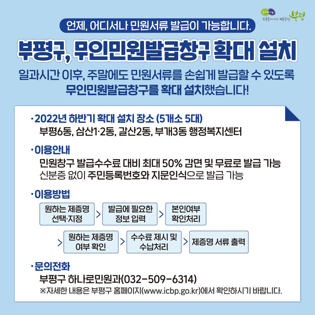 withbupyeong's tweet photo. 무인민원발급창구 확대 설치

부평구민분들이 민원서류를 
일과시간 이후에도, 주말에도
손쉽게 발급하실 수 있도록!

부평구민분들을 위해서 부평구가
무인민원발급창구를 확대 설치했습니다.

언제, 어디서나 민원서류 발급하세요 😀

https://t.co/PAdUsMjhMw

#부평 #부평구 #부평구청 #공감부평 https://t.co/HqrRjpTrMc