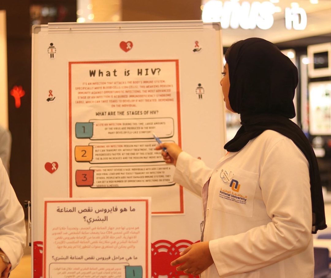NU_COMHS's tweet photo. نظم طلاب كلية الطب والعلوم الصحية بالجامعة الوطنية حملة توعوية عن مرض نقص المناعة المكتسبة "الايدز " وذلك بتاريخ ٨ ديسمبر ٢٠٢٢ في الواحة مول صحار. https://t.co/yJc3jrRgGD