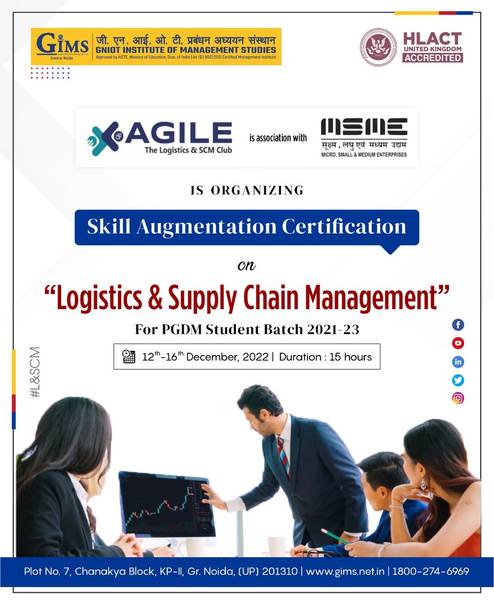 GNIOTCollege's tweet photo. AGILE the Logistic and Supply Chain Management Club of GIMS,Greater Noida is organising a Skill Augmentation Certification (SAC)
Visit our Website: https://t.co/1UznvJ7WDG
#GIMS #GNIOT #GreaterNoida #SkillAugmentationCertification #LogisticandSupplyChainManagementClub #AGILE https://t.co/FWk1u0AsAa