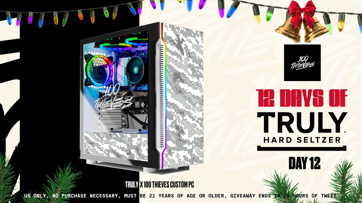 As part of 12 Days of Truly, we’re giving away a Co-Branded Gaming PC to 1 lucky winner TO ENTER: - Follow @100Thieves & @Trulyseltzer - Like & RT - Comment #TrulyThievesHoliday Rules:bit.ly/12daysofTruly12 *No purchase necessary must be 21+, US only, closes at 11:59PM 12.12
