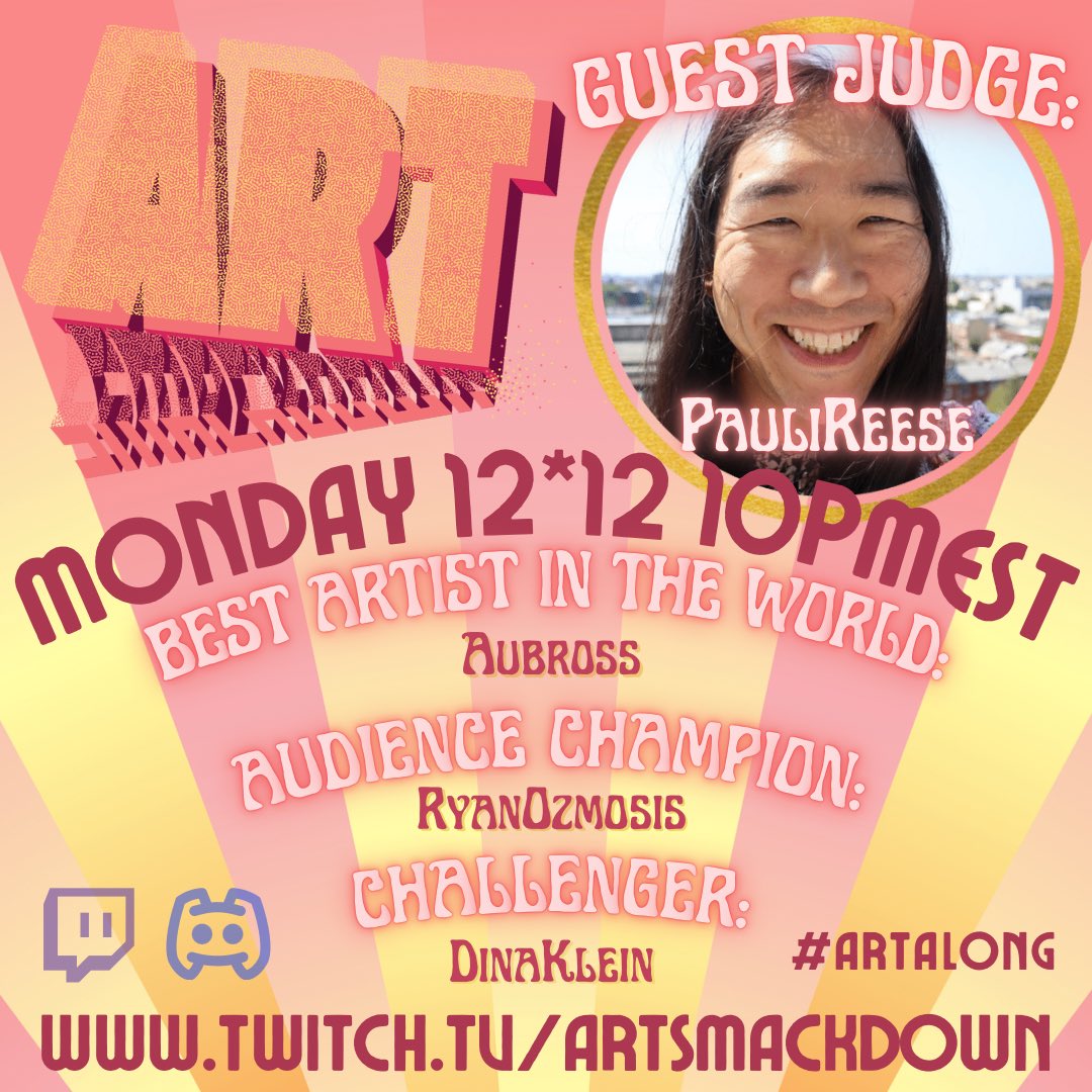 FartSmackdown's tweet photo. Tune into Art Smackdown! Every Monday on Twitch @ 10pmEST
This week @pauli_reese is our Guest Judge! #artalong for a chance to win audience champion! We love our #art #community on #Twitch 🎨🖌 https://t.co/cKn0Ylsz0v
