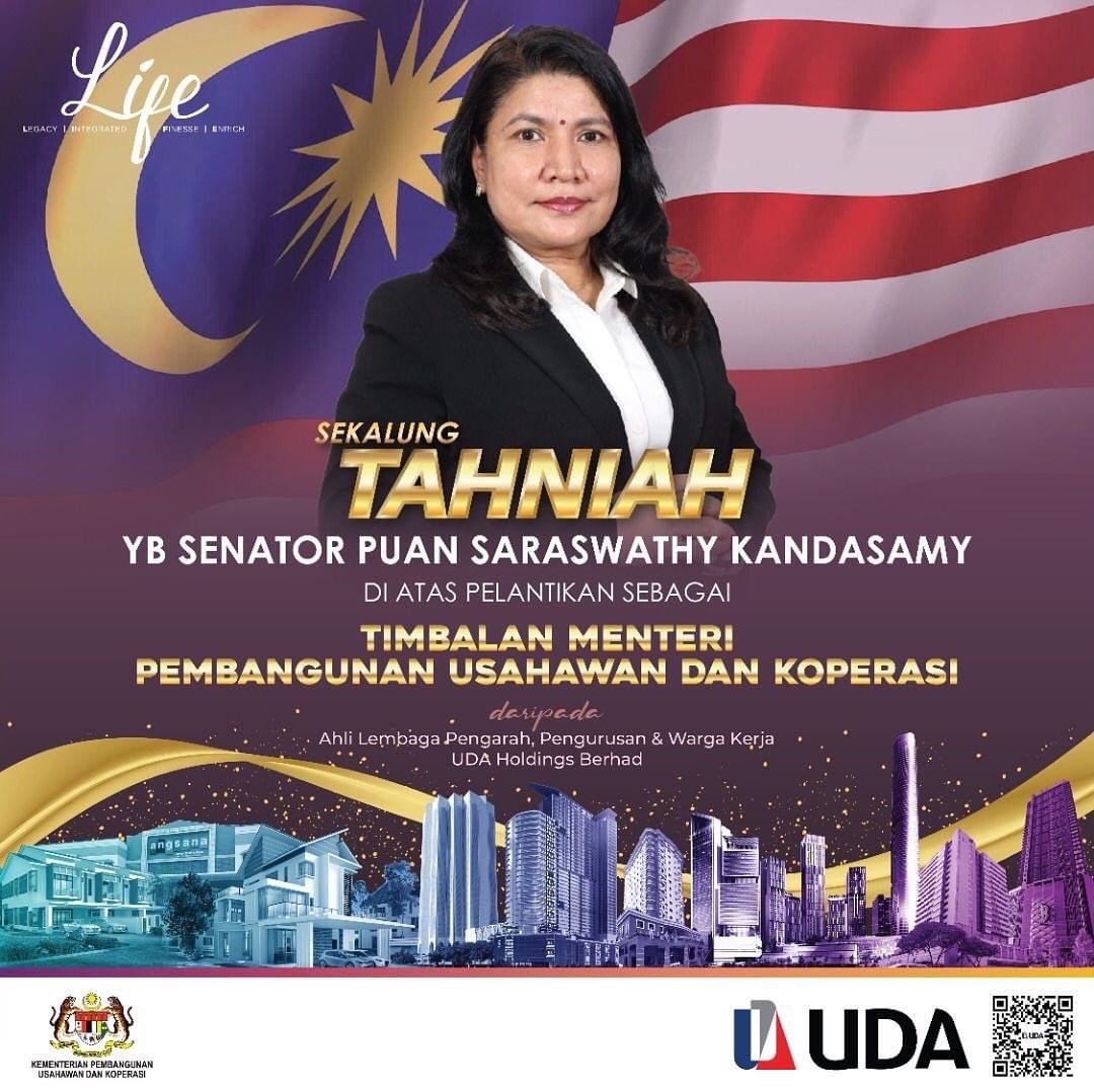 Selamat bertugas YB Senator Puan Saraswathy Kandasamy.  Saya selaku Pengerusi UDA Holdings Berhad mengalu-alukan pelantikan dan tugas yang diamanahkan dalam Kementerian Pembangunan Usahawan dan Koperasi.