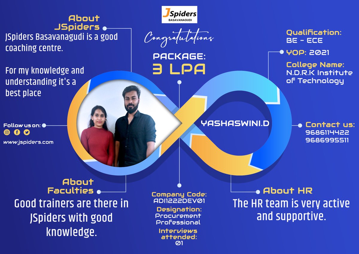 BrandingJsp's tweet image. Congratulations YASHASWINI D For getting placed as Procurement Professional 

#jspidersbasavanagudi
#placedstudents
#devopsstudents
#computerscience
#studentreview
#devopstraining
#offlinelearning
#bestcourses
#growwhileyoulearn
#trainingdevops
#qualityspecialist