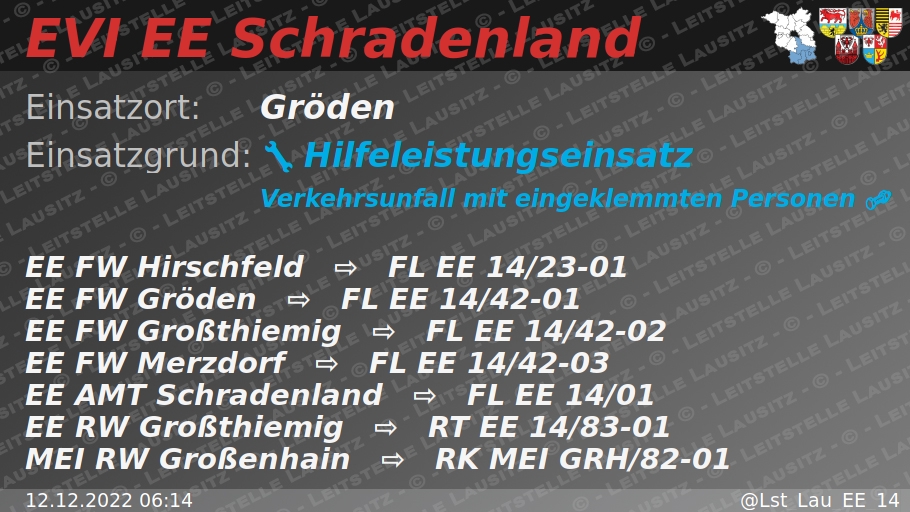 🚨 12.12.2022 06:14 💥 🔩 H:Verkehrsunfall-Klemm 🌐 Gröden 🚒 ⇨ FW Hirschfeld, FW Gröden, FW Großthiemig, FW Merzdorf
