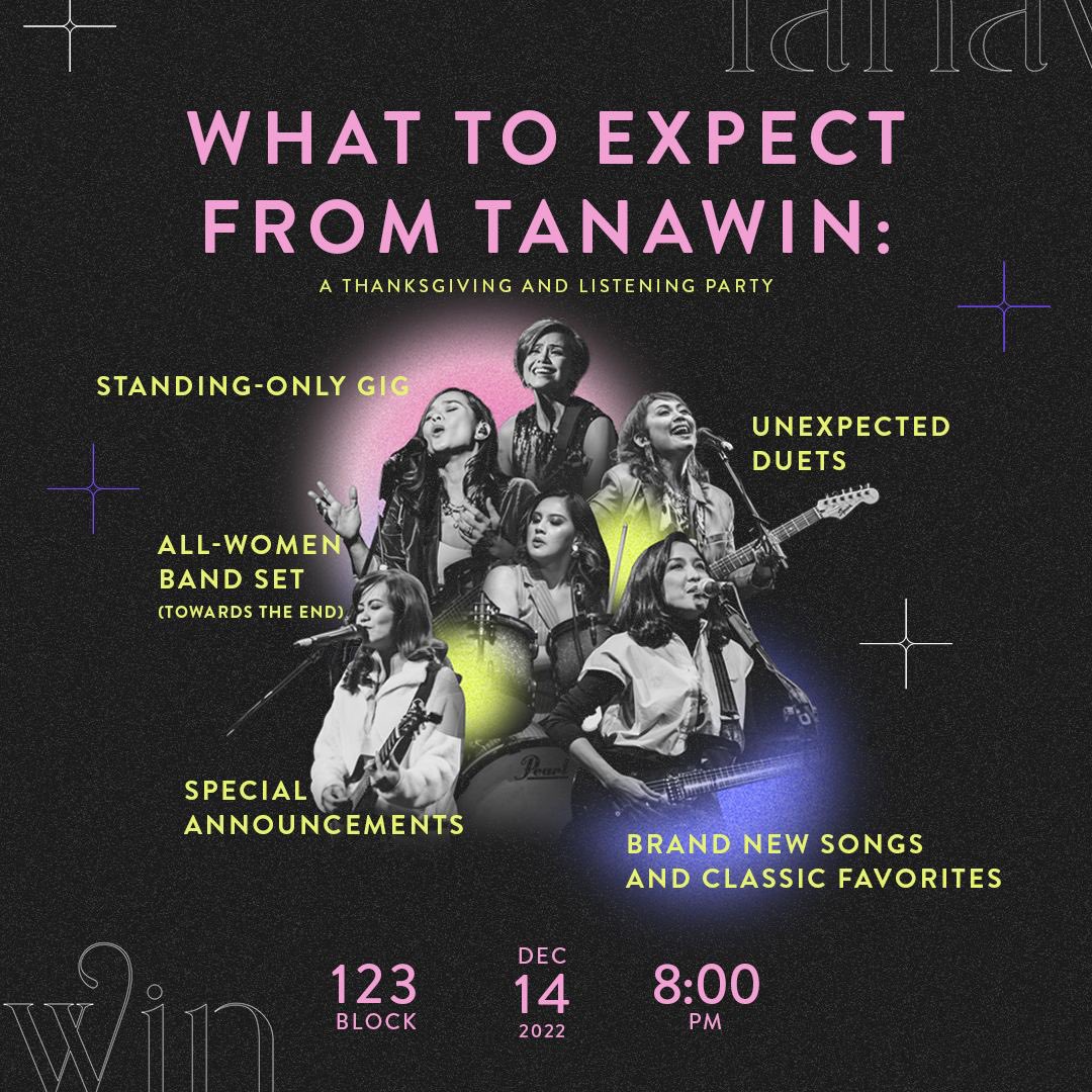 This is the last time (FOR NOW) that our Pinoy Rock Queens will be performing together in a show before Kitchie flies to Madrid. Here’s what to expect from the upcoming TANAWIN: A Thanksgiving and Listening Party. 

Get your tickets here: bit.ly/tanawintickets