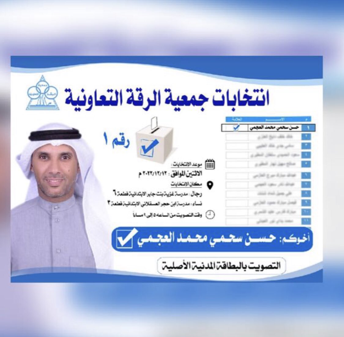 بسم الله الرحمن الرحيم
وبه نستعين
ساعات قليله وتبدأ عمليه التصويت في جمعية الرقه التعاونيه 
نسأل الله التوفيق لي ولجميع المرشحين لخدمة المنطقه ومساهميها
احرص على الحضور لاختيارك أحد المرشحين من تثق فيه وفي أمانته
التصويت من 5 لغاية 9