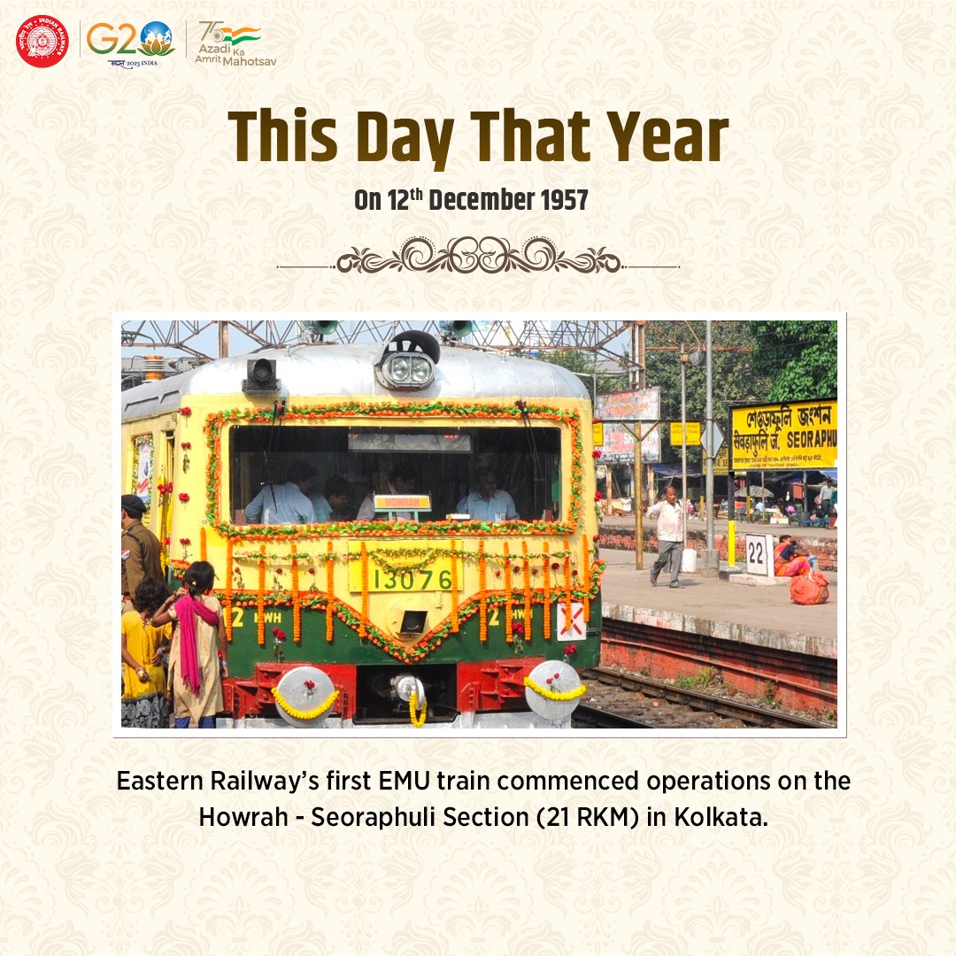 RailMinIndia's tweet photo. #ThisDayThatYear

On this day in 1957, the first EMU train of Eastern Railway (ER) commenced operations on the Howrah - Seoraphuli section (21 RKM) in Kolkata.

#DownTheMemoryRail https://t.co/Hr7RwM1FIR