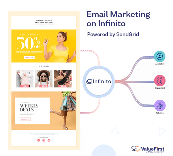 Our new power-packed Email platform is now LIVE on Infinito. And what makes it incredible, is that it's powered by SendGrid! 📧 

Deliver a top-notch email experience with us👌: rb.gy/bpizpb

#ValueFirst #email