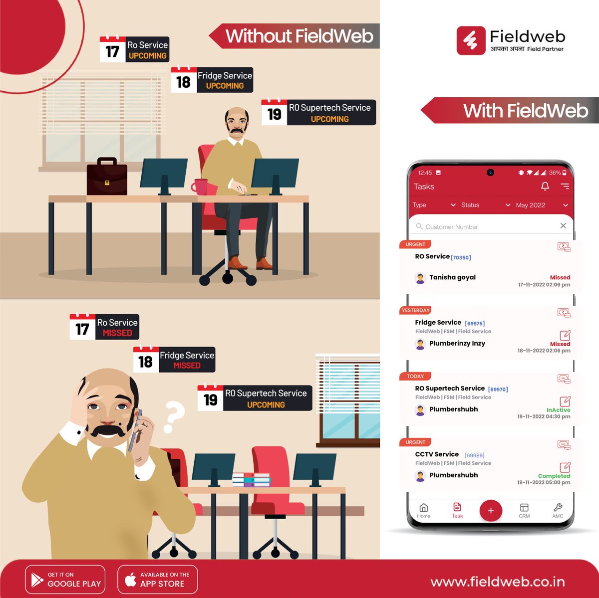 field_web's tweet image. No more worrying about the missed Customer Services and AMC. All you need to do is download FieldWeb Application and schedule your service in advance.
Download FieldWeb now bit.ly/3bbcmDO

#fieldweb #business #INDvAUS #growth #service #MondayMotivation #fieldservice #AMC