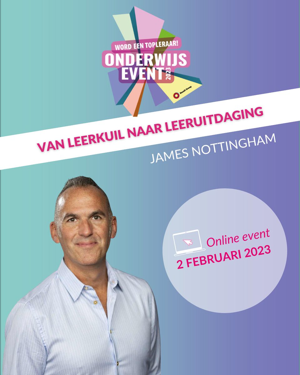 Laat je inspireren in de keynote van James Nottingham en verschillende workshops over de leerkuil, het leerproces, lesvoorbeelden en de leeruitdaging. En hoe dit toe te passen in het Nederlandse onderwijs. bazaltgroep.nl/word-een-tople…

#Wordeentopleraar
#JamesNottingham
#leerkuil