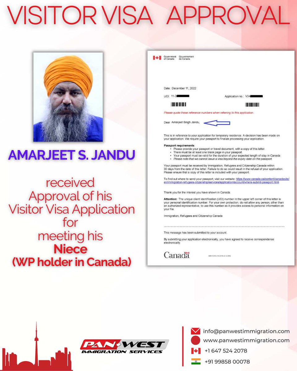 Amarjeet Singh Jandu received approval for his Visitor Visa application to meet his niece, who is on valid status of worker in Canada.

To meet your loved ones, you can get in touch with our team at Pan West Immigration. #visitorvisacanada #applycanadavisa #internationalstudents