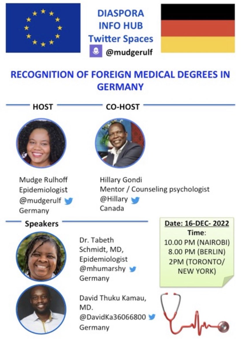 Want to have your medical degree recognised in Germany? We will walk you through the process in our next twitter spaces. Here is the link: x.com/i/spaces/1YqKD… Kindly set a reminder, retweet/ share with your network. <a href="/Eng_Ngure/">Kangethe Mangethia</a> <a href="/Dr_Owino10/">Dr Owino</a> <a href="/lokudustanisla1/">Lukudu Lo Mikaddu</a> <a href="/rmusumba/">Rosemary Musumba</a> <a href="/Afro_254/">𝗔𝗳𝗿𝗼𝗰𝗲𝗻𝘁𝗿𝗶𝗰</a>