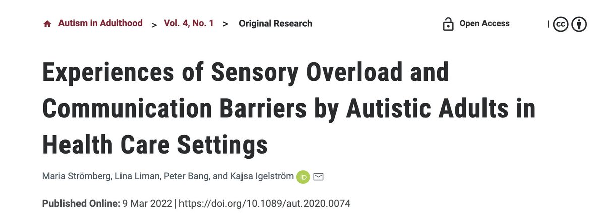 This recent study investigated the experiences of #Sensory discomfort and communication barriers in health care settings for #Autistic adults. 

#Communication #Autism

sinetwork.co/3TKKCHI