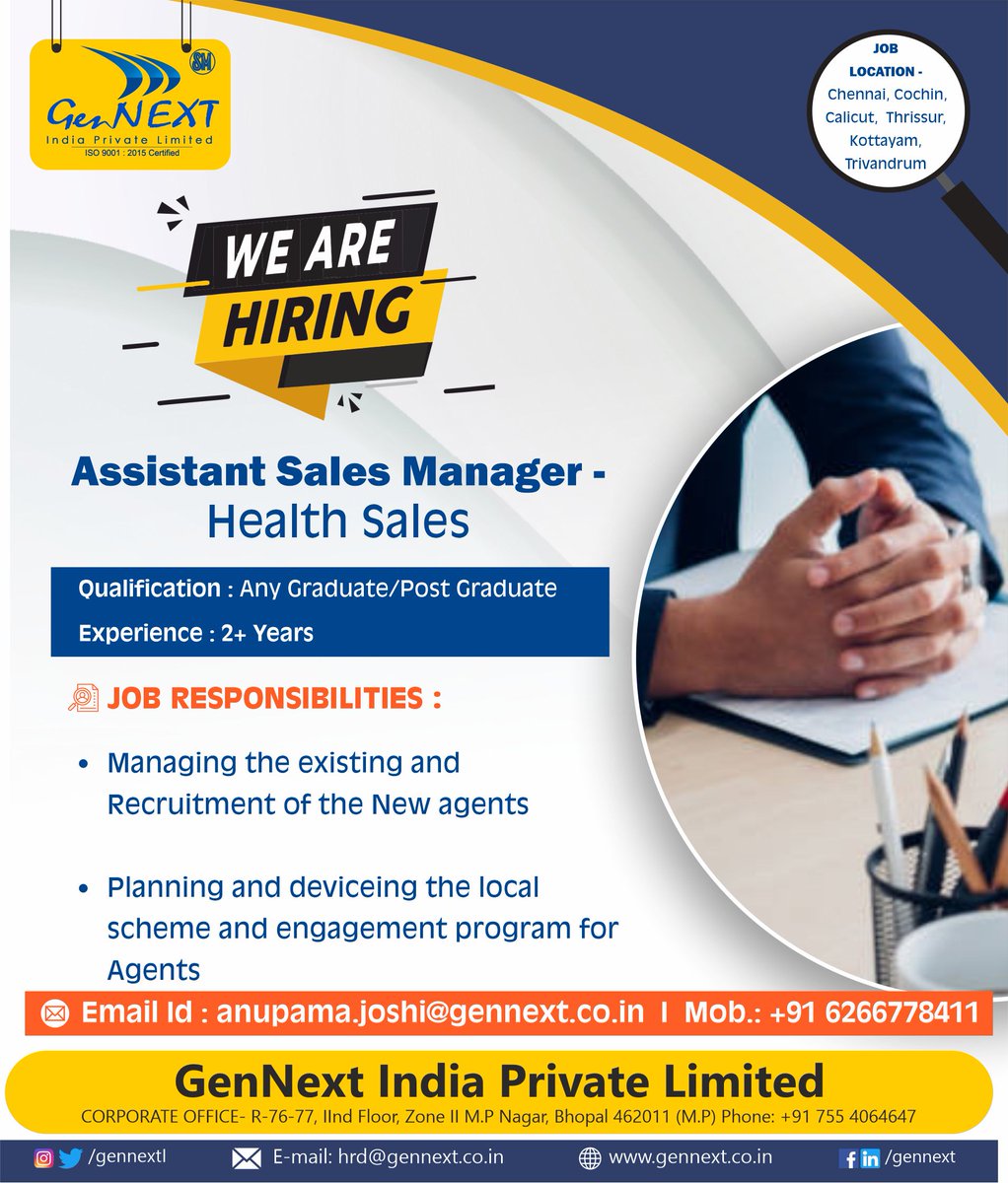 #urgenthiring

#assistantsalesmanager #healthsales #generalinsuranceindustry #chennaijob #cochinhiring  #hiring #jobalert #jobsearch #jobgroup #work #vacancyjob #gennext #gennexthiring #gennextjob #gennextindia