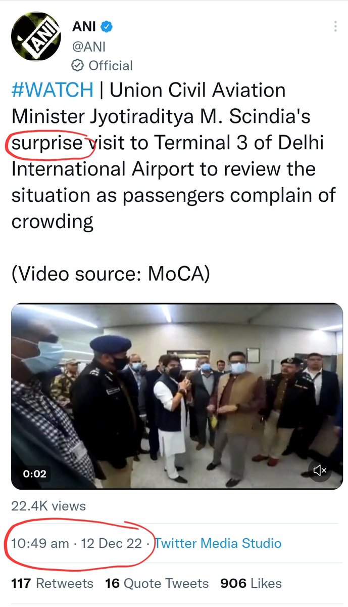 zoo_bear's tweet photo. Hello @ANI, “Surprise visit” was not actually a surprise. His planned visit to T3 was already tweeted by Pallavi two days back. https://t.co/rR8T1f7pC2
