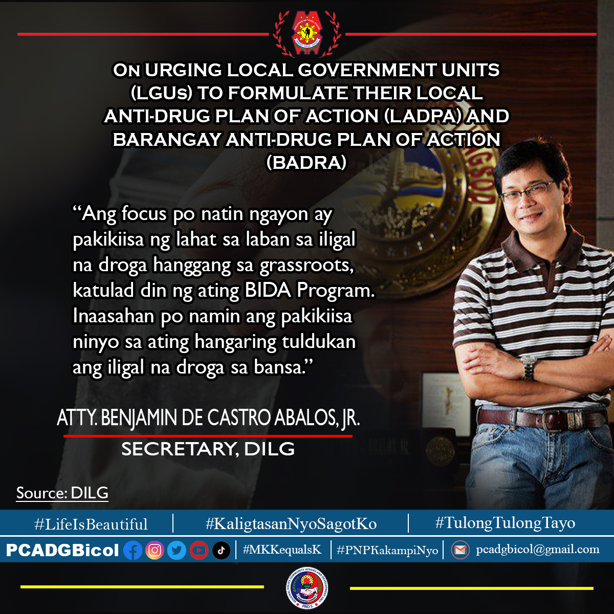 PCADGBicol's tweet photo. Read DILG to LGUs: Prepare anti-drug plan of action based on illegal drugs situation in your area at https://t.co/cn4vCvNMnG.
#MKKequalsK
#PCADGBicol
#PNPKakampiNyo
#KaligtasanNyoSagotKo
#TulongTulongTayo
#LifeIsBeuatiful https://t.co/py2tszwB6y