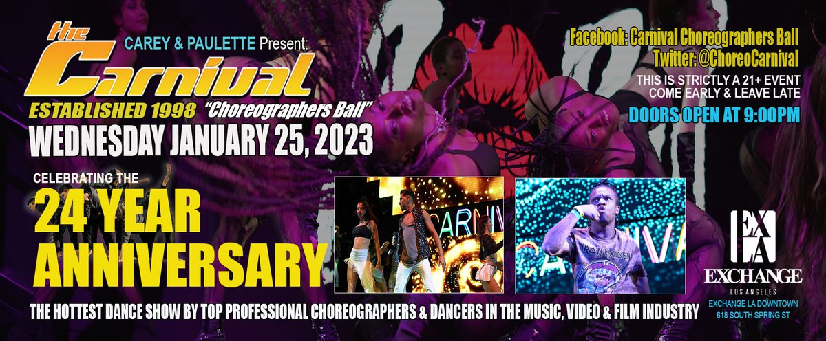 Choreographer's Carnival is bringing you our 24 year anniversary show Wednesday January 25, 2023 <a href="/ExchangeLA/">ExchangeLA</a> The lineup of choreographers being featured is lit! Check is out on the website choreographerscarnival.com