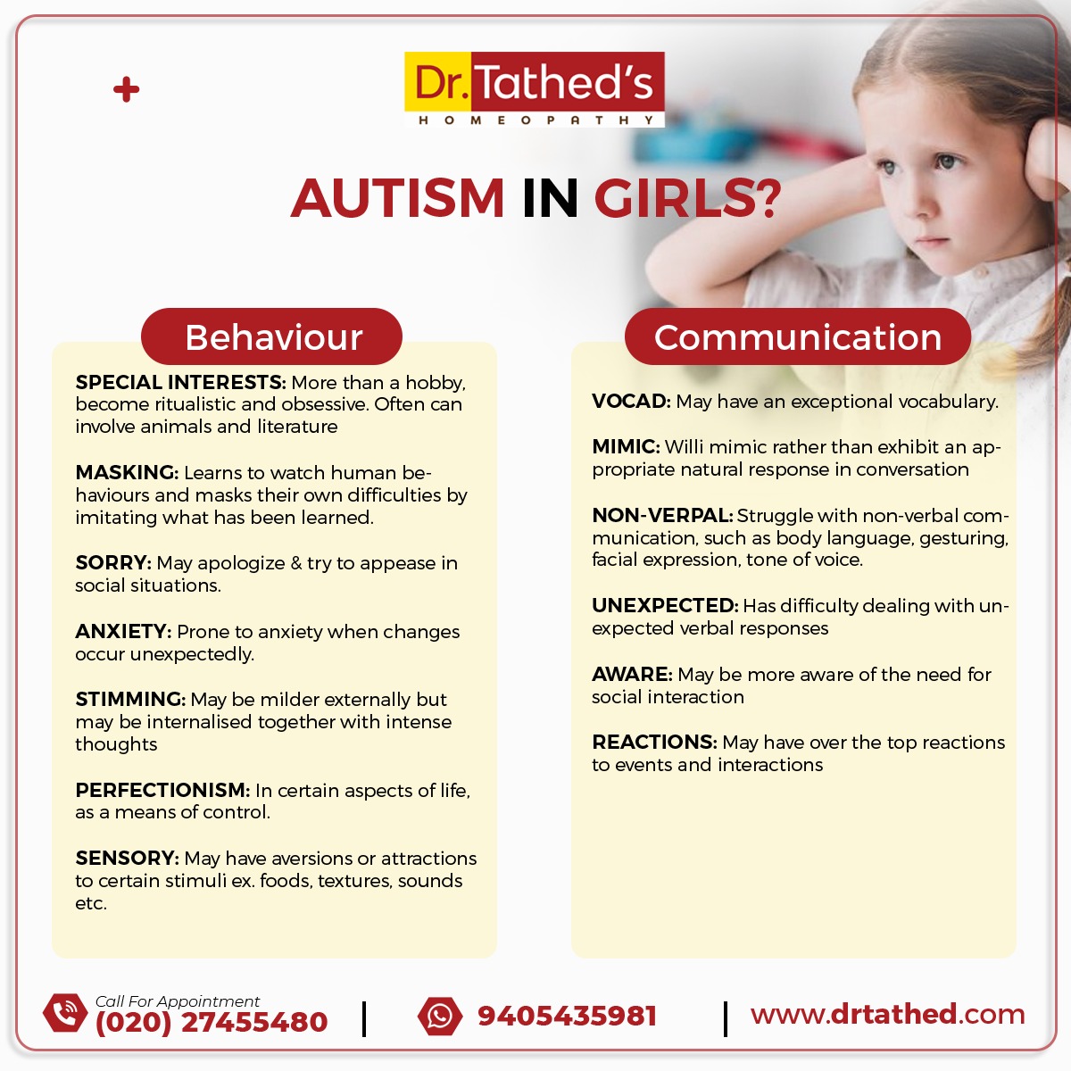 dr_tathed's tweet photo. Autism symptoms in girls can vary widely, but common symptoms include difficulty communicating and interacting with others, repetitive behaviors and interests, and a lack of social or emotional awareness. While some girls with autism may experience few or no outward signs. https://t.co/GV0R8dM2Nq