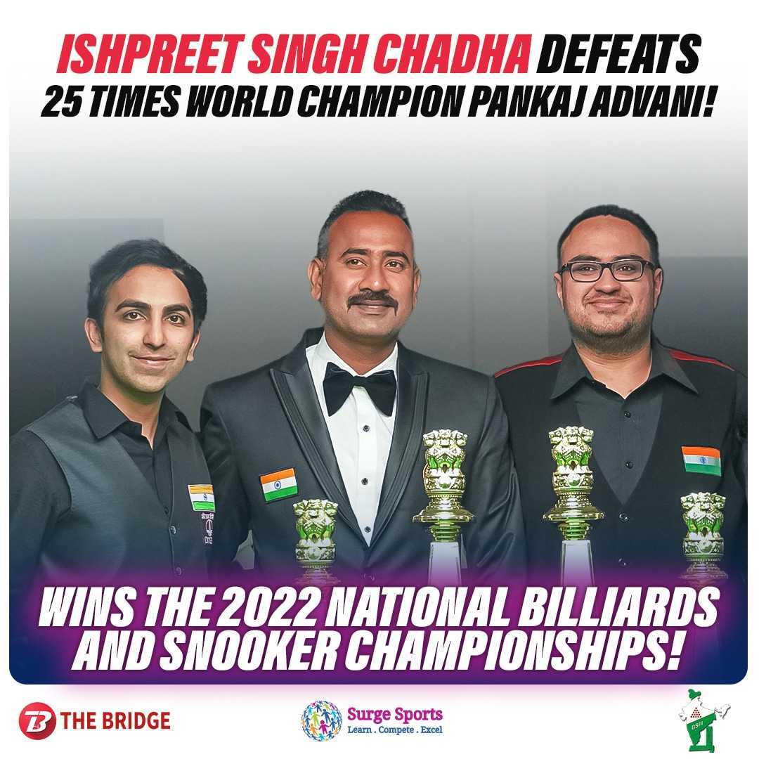 India has a new snooker champion!🇮🇳🎱 

Ishpreet Singh Chadha beats record holder Pankaj Advani to lift the National Championships trophy at Sage University, Indore🏆 

Many congratulations 🙌

#Snooker | <a href="/SurgeSports6/">Surge Sports</a> | <a href="/bsfi147/">B.S.F.I</a>