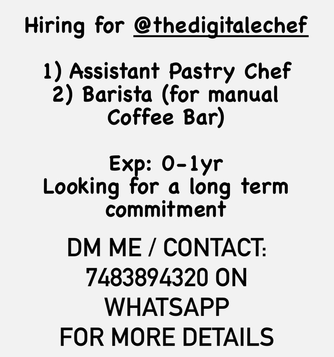 Hiring for @TheDigitaleChef
 A Pastry Chef and A Barista

#vegancafe #hsrlayout #TheDigitaleChef