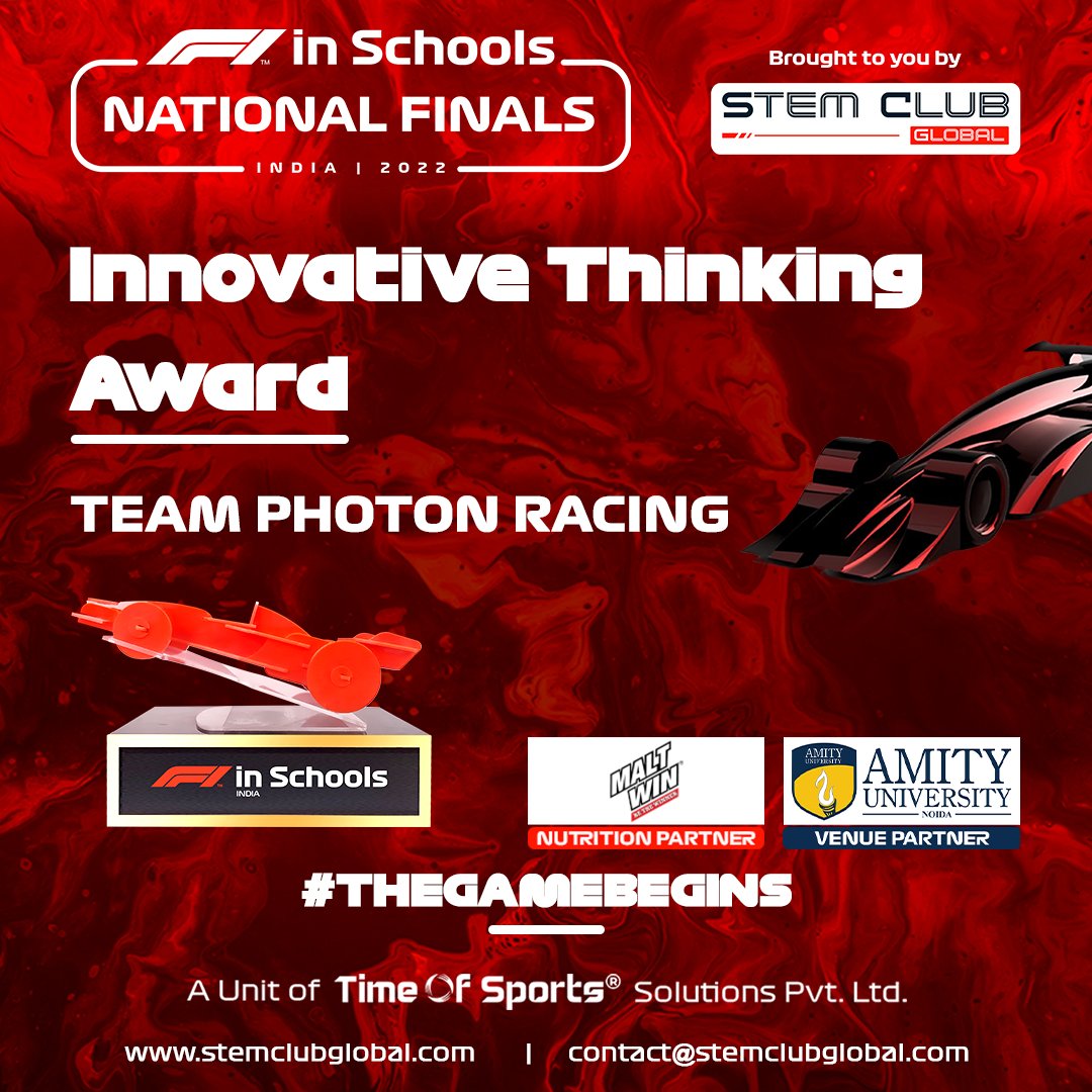 STEMplifyi's tweet photo. 🎉Team Photon Racing has won the Innovative Thinking Award
.
.
.
#NationalFinals #StemClubGlobal #TimeOfSports #F1inSchoolsIndia #F1S #F1 #FormulaOne https://t.co/eClQRvJqMv
