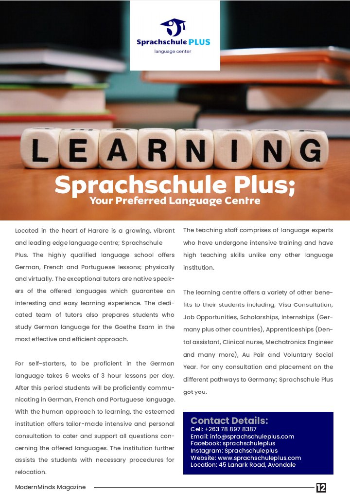 mrmodernminds's tweet photo. #SprachschulePlus 

One of the best Language  Centre located in Harare, Zimbabwe. The highly qualified language school offers German, French and Portuguese lessons; virtually and physically.

For more information contact the numbers on the flier.

#LanguageCentre #Education https://t.co/ahTzPdUP7s