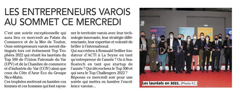 Balazuc2's tweet photo. 11ème édition du #Top500 de l’#UPV et soirée des #Toptrophees c’est mercredi 14 18h30 au palais de la mer. 👍
Nouveau palmarès des entreprises leaders dans le Var. 👏🏆🥇
#UPV en partenariat avec #cciv et #varmatin. https://t.co/gOrh4bU9Cs