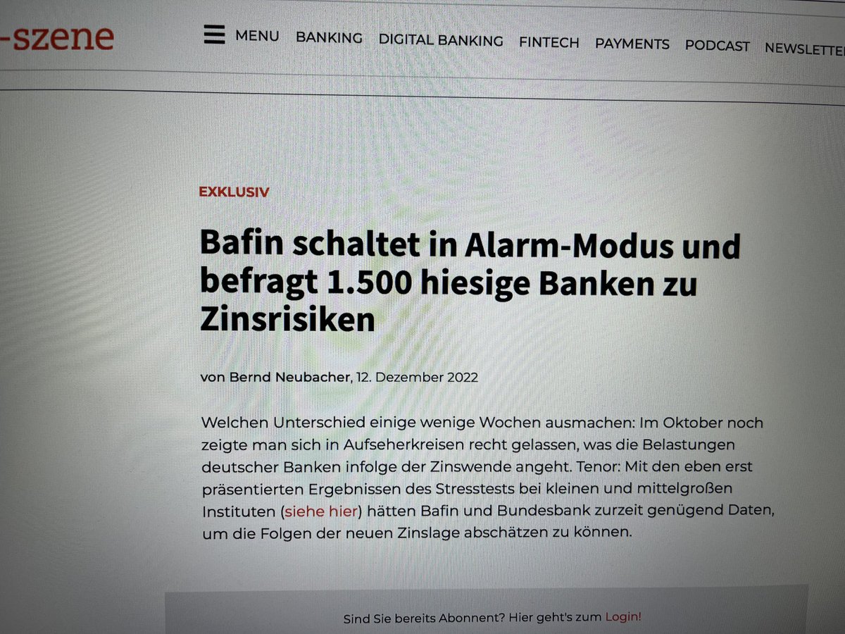 neubacher_b's tweet photo. #Bafin #Zinsrisiken #HGB #Finanzstabilität #Rückstellungen #Umfrage Die Verluste in den Wertpapierbeständen der Banken infolge der Zinswende machen die Finanzaufsicht nervös: Kurz nach Präsentation eines Stresstests schiebt sie eine Erhebung zu drohenden Rückstellungen hinterher. https://t.co/6WRUN0QFKJ