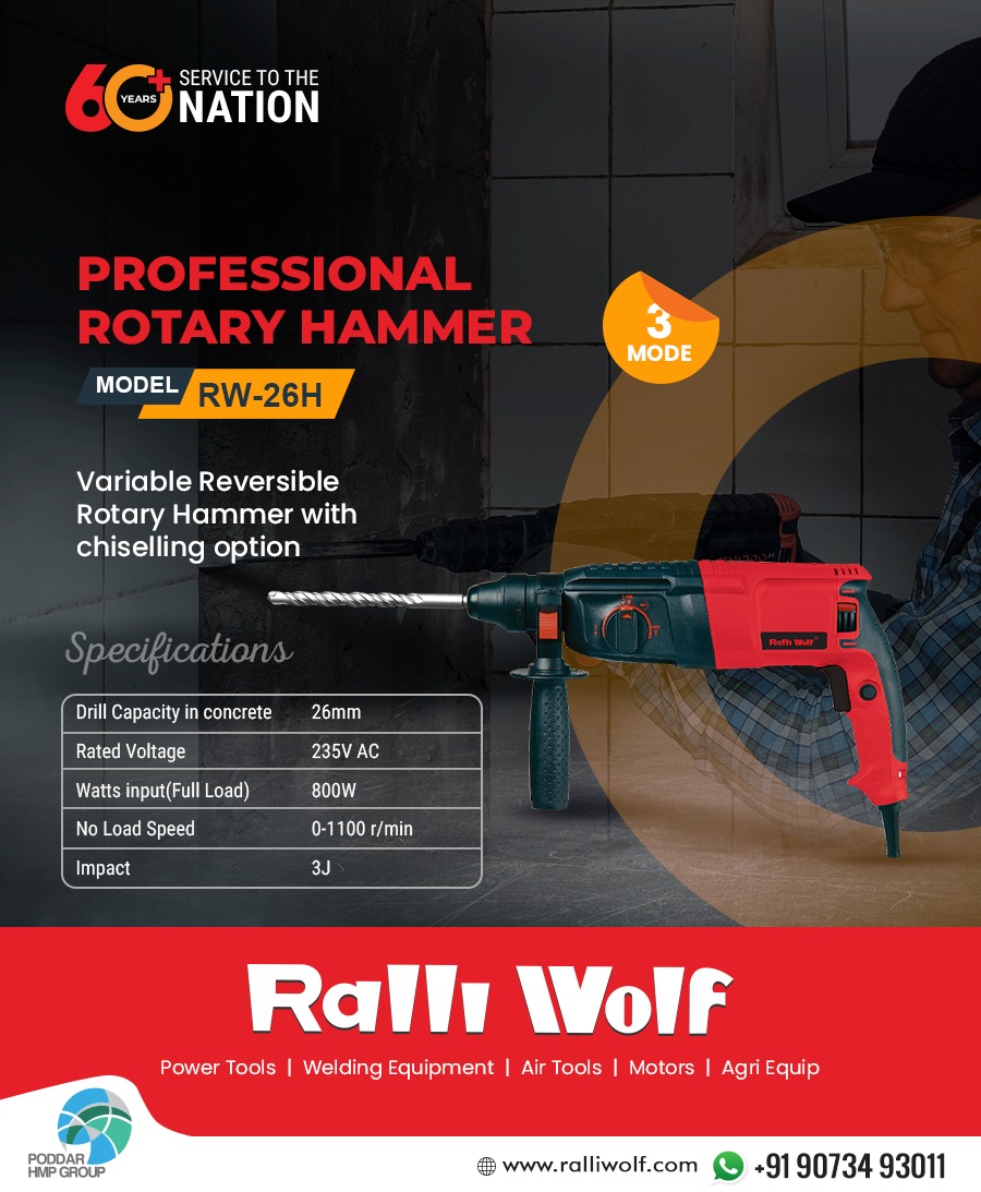 Ralli Wolf RW-26H Professional Rotary Hammer is variable reversible with chiselling option.  It has a comfortable grip, very lightweight and easy to use. For more information visit: bit.ly/340Qd3A
#rotaryhammer #rw26h #hammer #powertools #RalliWolf