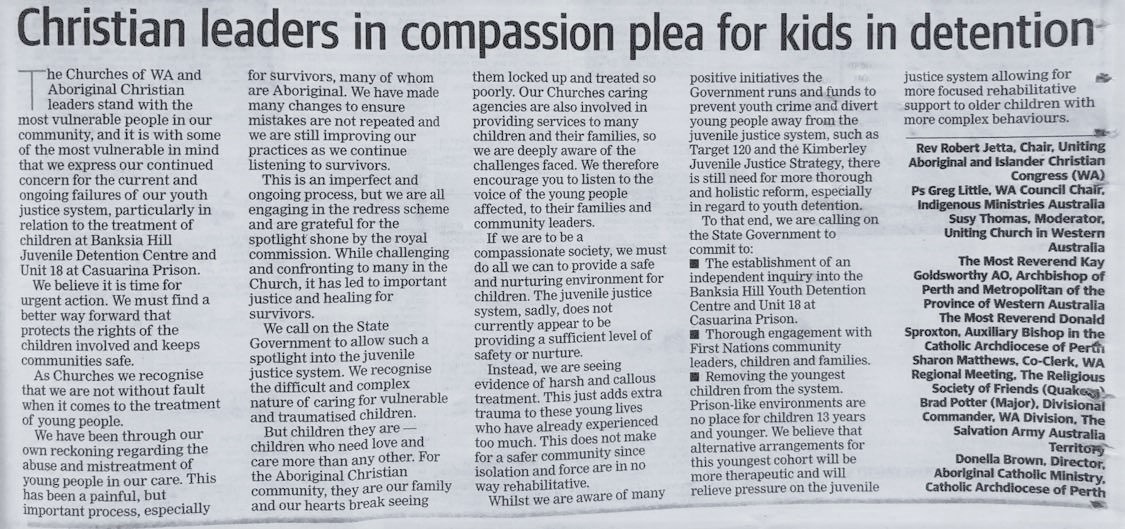 Article in today's West featuring statement from WA church leaders concerning youth detention.