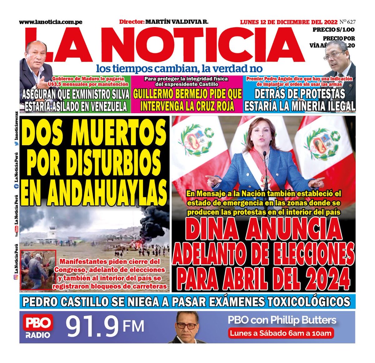 martingvaldivia's tweet photo. Ante la grave crisis de violencia que vive el país, Dina Boluarte anunció adelanto de elecciones para abril del 2024 en busca de tranquilidad para el Perú. ⁦@PBOPeru⁩ ⁦@CesarSandovalP⁩ ⁦@RobertoVieiraP⁩ ⁦@pastorlinares⁩ ⁦@RAFOPOBLETE⁩ https://t.co/5bg4iaBuep