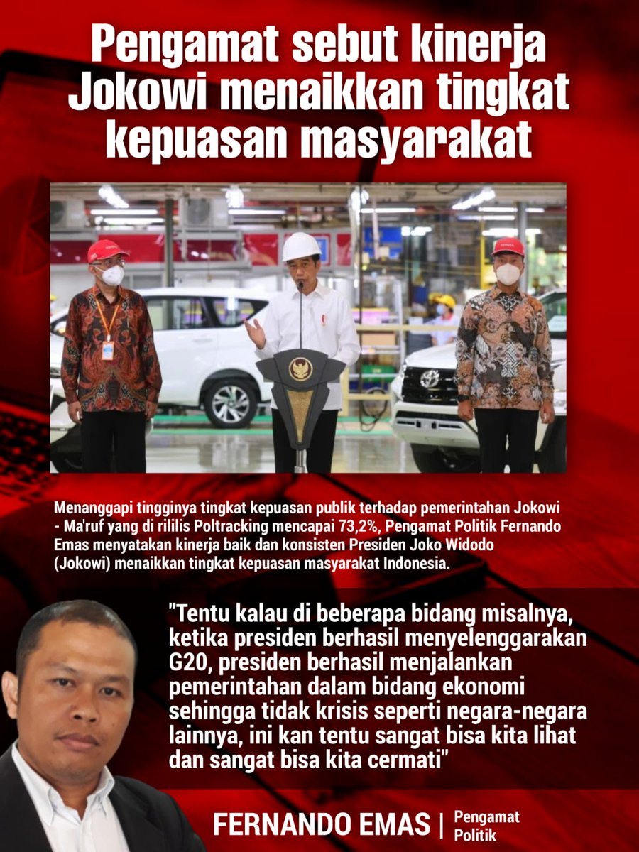 Kepuasan masyarakat semakin bertambah kepada pak Jokowi. Hal itu tak lepas dari kinerja pak Jokowi yang mantap
Jokowi Pulihkan Krisis

#PublikPuas