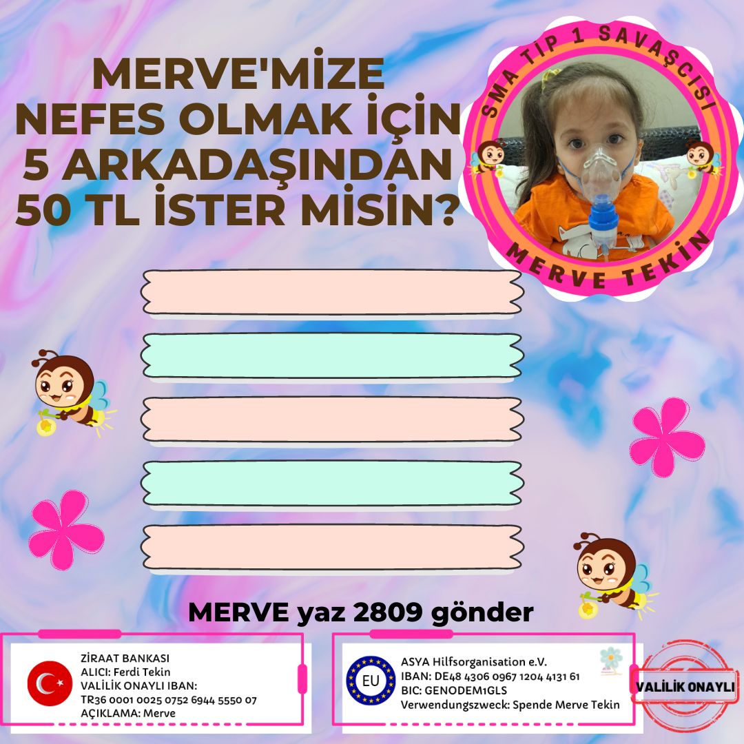 Bugün Mervemize nefes olmak için 5 arkadaşından 50 TL ister misin?

Bağış için taplink 👇🏽💛
taplink.cc/smamerveyeumut…

#EytlininSabritasti #CristianoRonaldo #recepivedik7 #pazartesi #pazar #Recepivedikizlemiyoruz #guenaydin