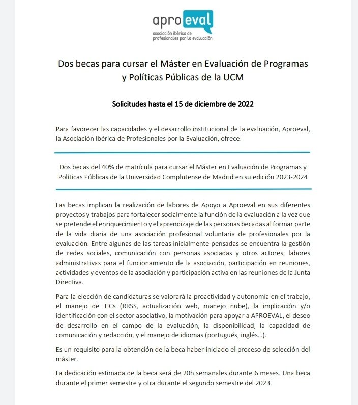 AproevalIbero's tweet photo. 📣 Última semana para aplicar a las #Becas que ofrece #Aproeval dirigidas a quienes han iniciado el proceso de selección del #máster de #evaluación de la @unicomplutense.
📄Interesados/as enviar CV y Carta de motivación a aproeval@gmail.com
🗓 Fecha límite: 15 dic. 2022 https://t.co/Xy0nJSOmeX