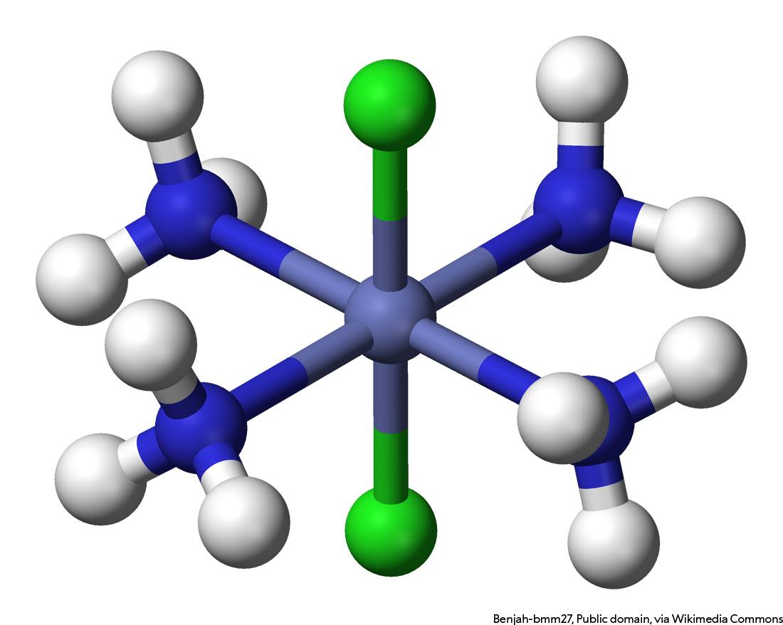Alfred Werner established the theory of coordination chemistry in the late 19th century.

He said inorganic compounds contain single atoms around which are arranged other molecules in a simple, spatial, geometric pattern, e.g. in the octahedral complex shown.