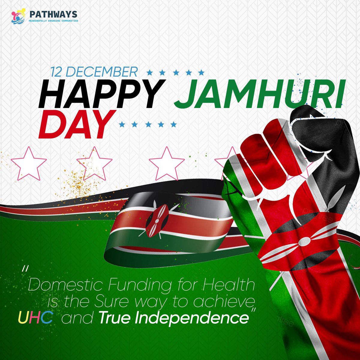 True Independence means Health systems governed by strong and sustainable pillars such as Service Delivery, Health Financing and Developmental Governance.

#JamhuriDay2022 
#PPIforUHCke
#UHC
<a href="/PublicPathways/">Pathways Policy Institute (PPI)</a> <a href="/PeterNgure/">Peter Ngure Uncle P</a> <a href="/HowieAkimala/">Howard Akimala</a> <a href="/UHC_Day/">International Universal Health Coverage Day</a> <a href="/IYAFPKenya/">IYAFP Kenya</a> <a href="/UNFPAKen/">UNFPA Kenya</a> <a href="/USAIDKenya/">USAID Kenya</a>