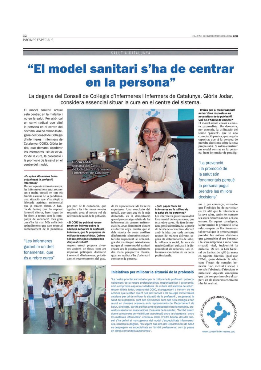 infermerescat's tweet photo. #entrevista Glòria Jodar, degana del Consell, avui al Diari Ara: “Les infermeres garantim un dret fonamental de les persones, que és a rebre cures”.

#InfermeresCCIIC @COIBarcelona @COIGIrona @InfLleidaCOILL @codita_tgn @GloriaJodar @diariARA https://t.co/q9CmJyuP3m