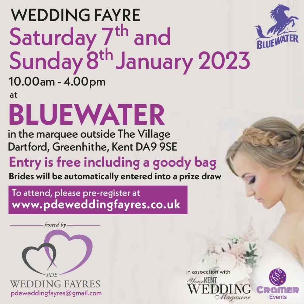 🌟Bluewater Wedding Fair🌟
With over 65 suppliers to help you with your big day! 

#kentweddingsuppliers
#freeentry
#freegoodybag
#brideandbride