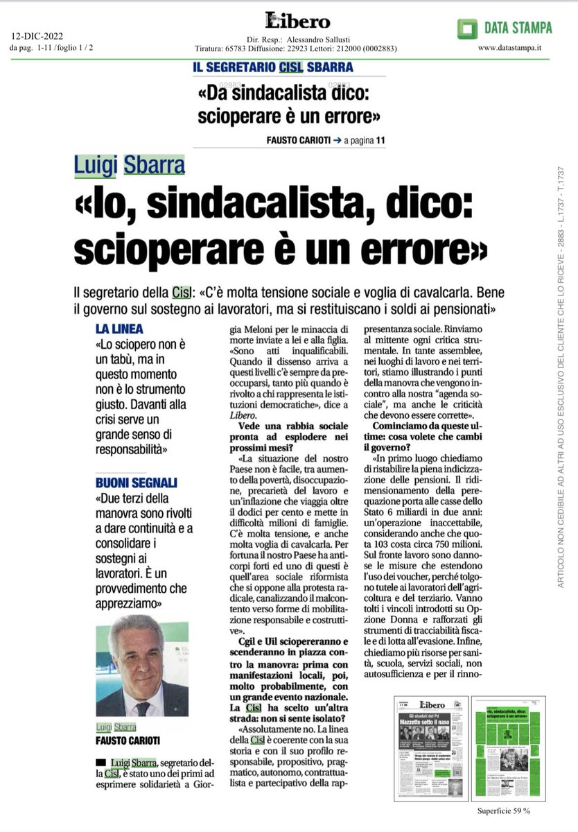 CislNazionale's tweet photo. “In tante assemblee, nei luoghi di #lavoro e nei territori, stiamo presentando i punti della #manovra che vengono incontro alla nostra “agenda sociale”, ma anche le criticità che devono essere corrette”: #LuigiSbarra su Libero del #12dicembre https://t.co/FiYYUFJRsR