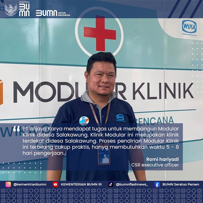 Modular Klinik adalah klinik pertama yang didirikan di Indonesia pasca gempa Cianjur oleh <a href="/PTWijayaKarya/">WIKA</a> di desa Salakawung.
Pembangunan klinik Modular ini sangat praktis hanya memerlukan waktu 5-8 hari.

#ModularKlinik #ModularKlinikMilikWika
#KlinikPortable #BUMNUntukIndonesia