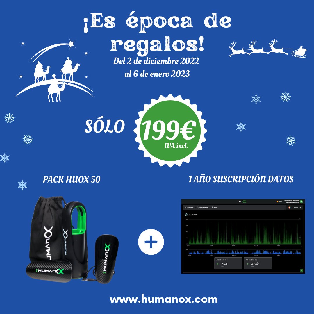 ¡Buenos días! Os recordamos que hasta el 6 de enero tenéis la oportunidad de regalar-os un pack de espinilleras inteligentes HUOX 50, y 1 año completo de suscripción a la plataforma de datos por solo 199€ (IVA incl) ¡Ve a nuestra web y aprovecha ya! 👉🏻 humanox.com