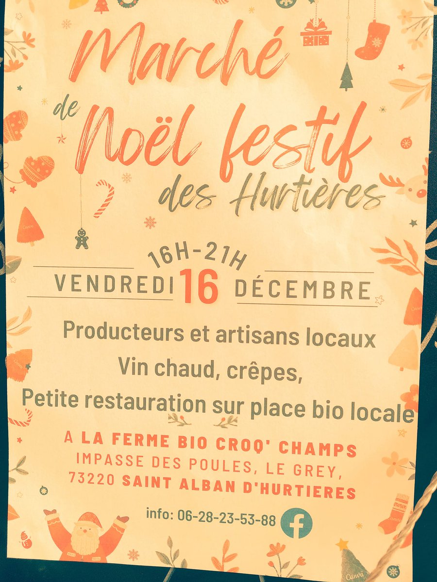 V16/12 16h-21h #marchédenoel festif à la #ferme #bio Croq'Champs #stalbandhurtières
#artisans  #producteurs locaux #Almanach du #paysdeshurtières #Buvette #vinchaud 
paysdeshurtieres.wordpress.com/2022/12/12/ven… 
#festivités #convivialité  #paysdeshurtières porte de #maurienne #mauriennisezvous