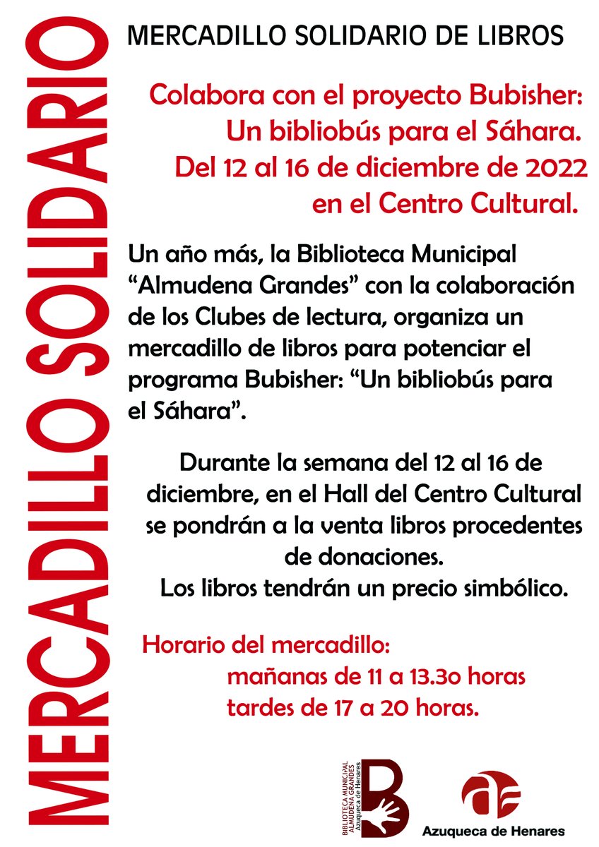 📢 HOY comienza el Mercadillo solidario de libros📚
La recaudación se destinará a <a href="/saharabubisher/">saharabubisher</a> para fomentar la lectura en los campamentos de refugiados Saharauis.
🗓️ 12 al 16 de diciembre
⏰11 a 13.30 y de 17 a 20 h
📍Casa de la Cultura
#BibliotecaDeAzuqueca