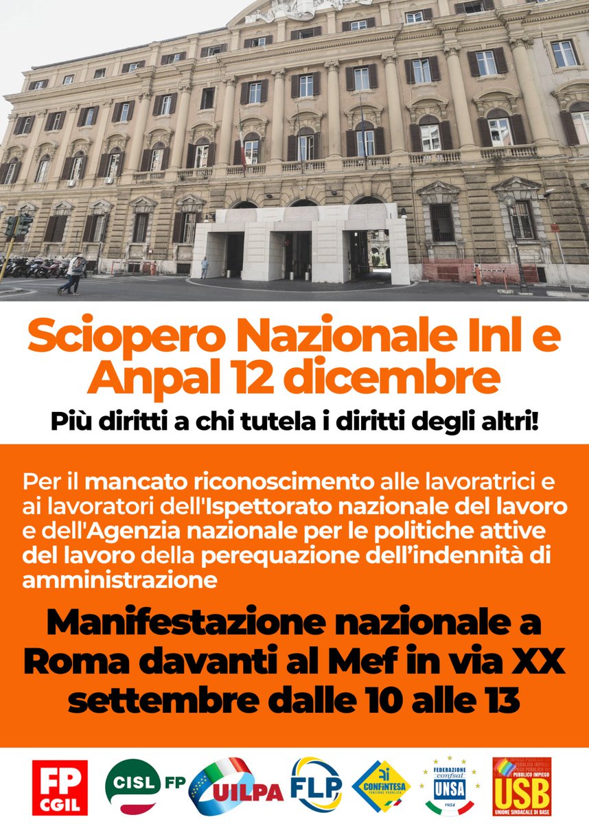FpCgilNazionale's tweet photo. 🟥 Oggi sciopero Inl e Anpal contro il mancato adeguamento dei salari
📌 In piazza a Roma al @MEF_GOV in via XX Settembre dalle 10 dietro le parole ‘Più diritti a chi tutela i diritti degli altri!’ 
Info ➡️ https://t.co/BDX6muNwL6
#12dicembre 
---
@MinLavoro 
@INL_gov 
@ANPALgov https://t.co/MHssAg7gyA