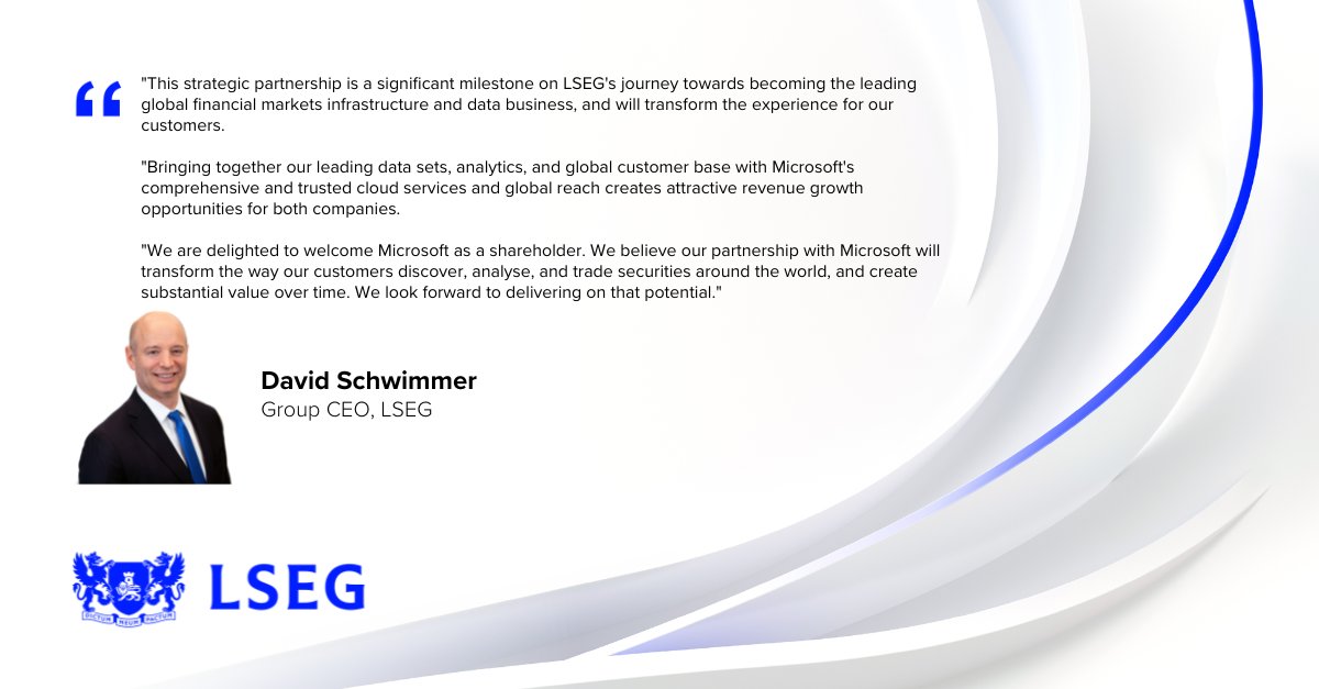 .@LSEGplc and @Microsoft launch 10-year strategic partnership for next-generation data & analytics and cloud infrastructure solutions; Microsoft to make equity investment in LSEG through acquisition of shares: lseg.com/en/media-centr…
